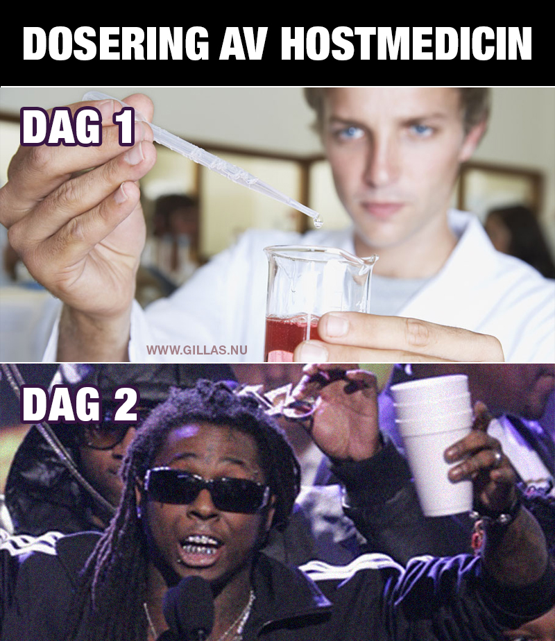 Man med pipett i lab och Lil Wayne - Dosering av hostmedicin