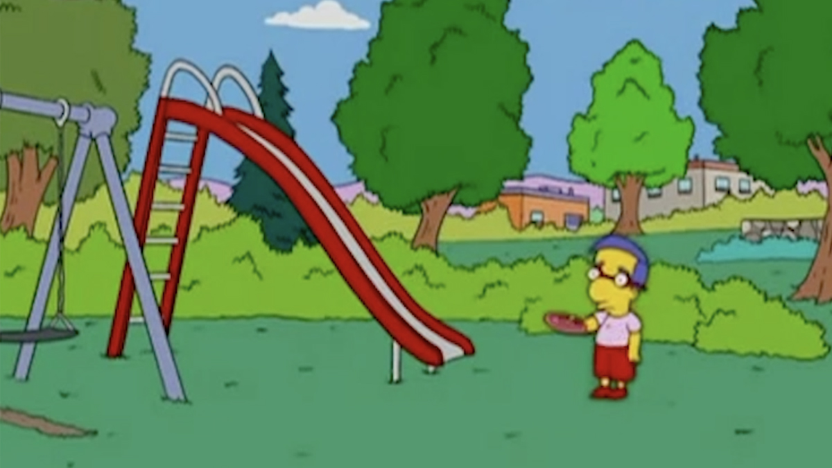 Milhouse kastar frisbee med sig själv